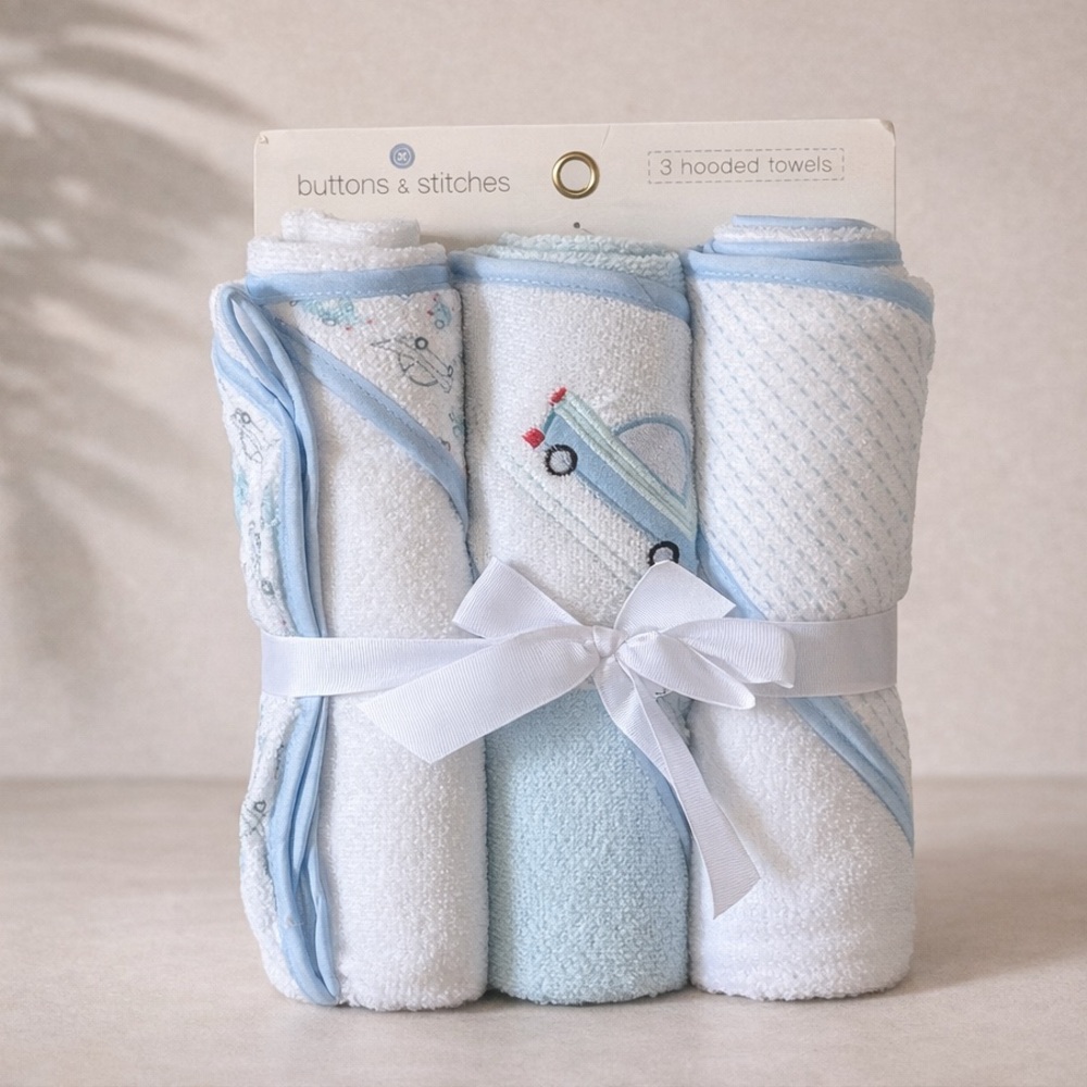 🚙 3-Pack Hooded Soft Plush Baby Towel Set, Blue/White Cars- NWOT